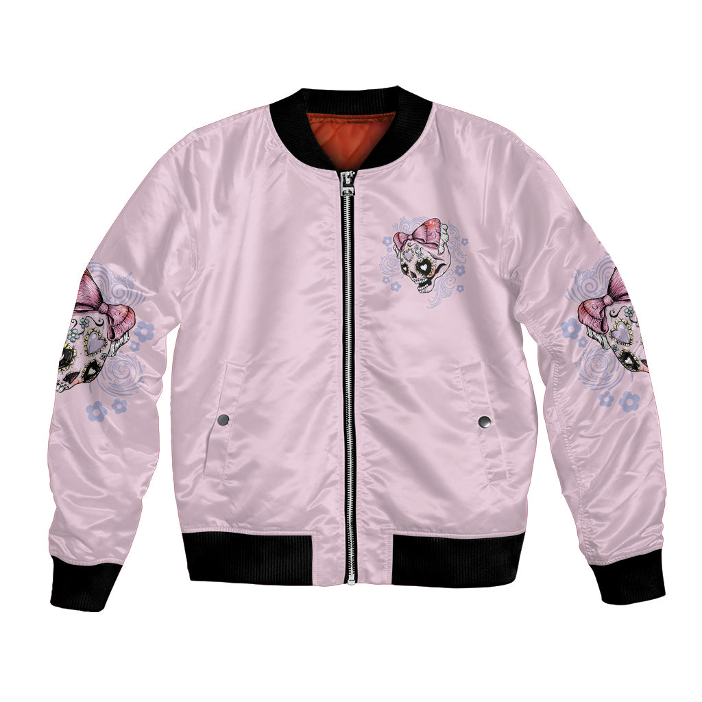 Pink bomber jacket with front zipper, ribbed hem, and chest cat graphic
