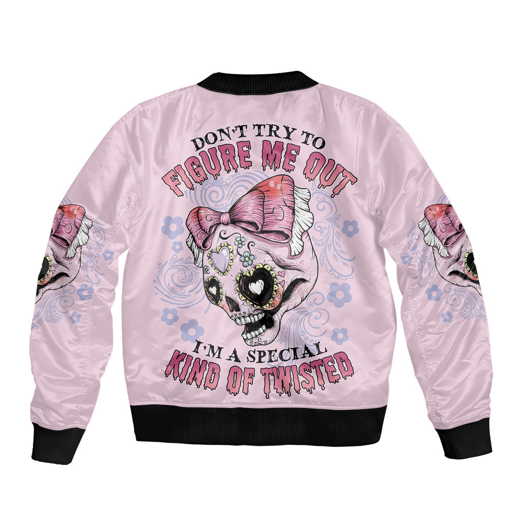 Pink bomber jacket with ribbed trim and back graphic with cat, heart, and text