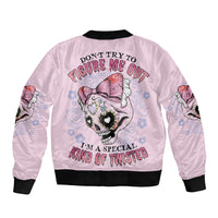 Pink bomber jacket with ribbed trim and back graphic with cat, heart, and text