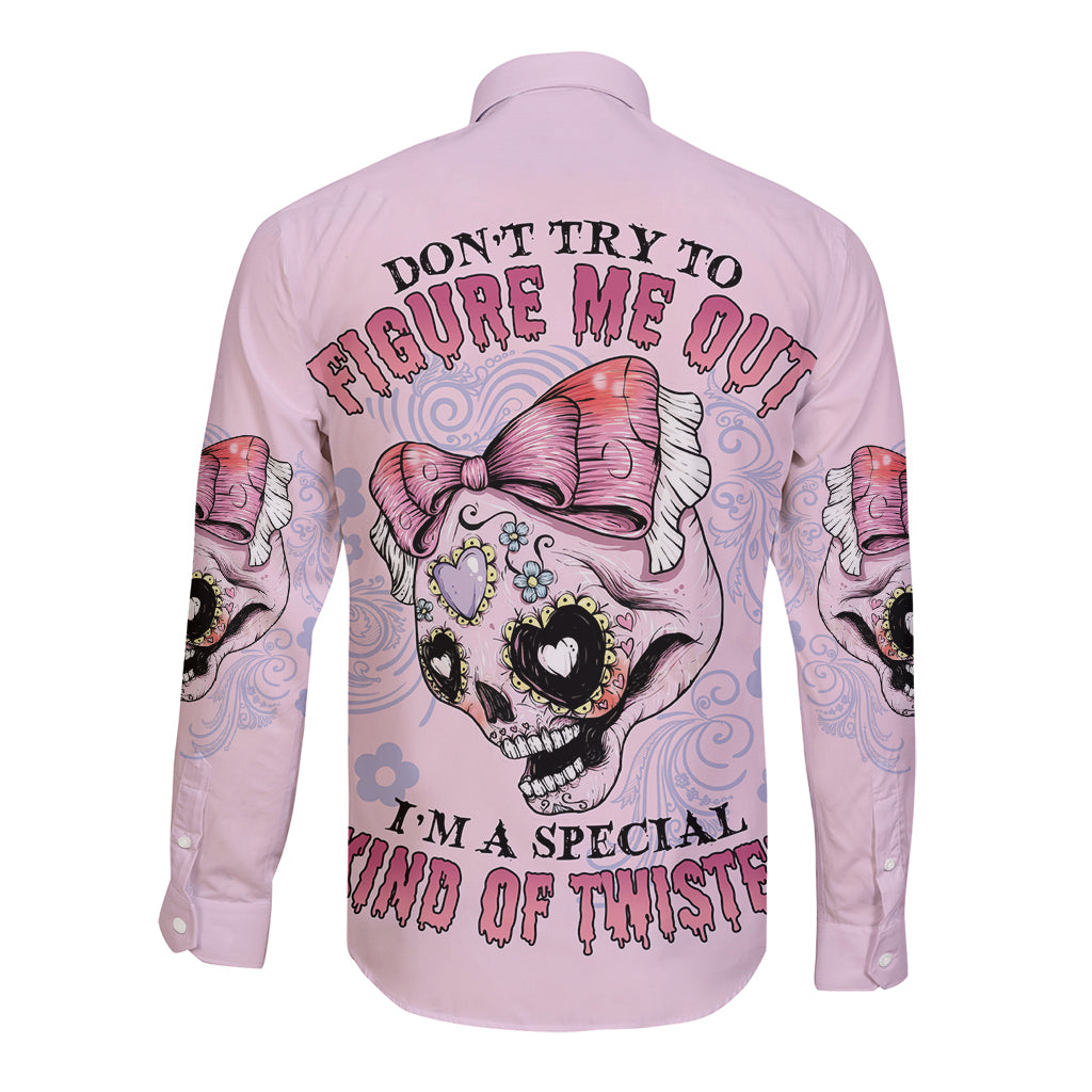 Light pink long-sleeve button-up shirt with large back skull-and-heart graphic
