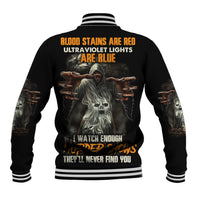 Black varsity baseball jacket, ribbed striped collar, large back skull graphic and text
