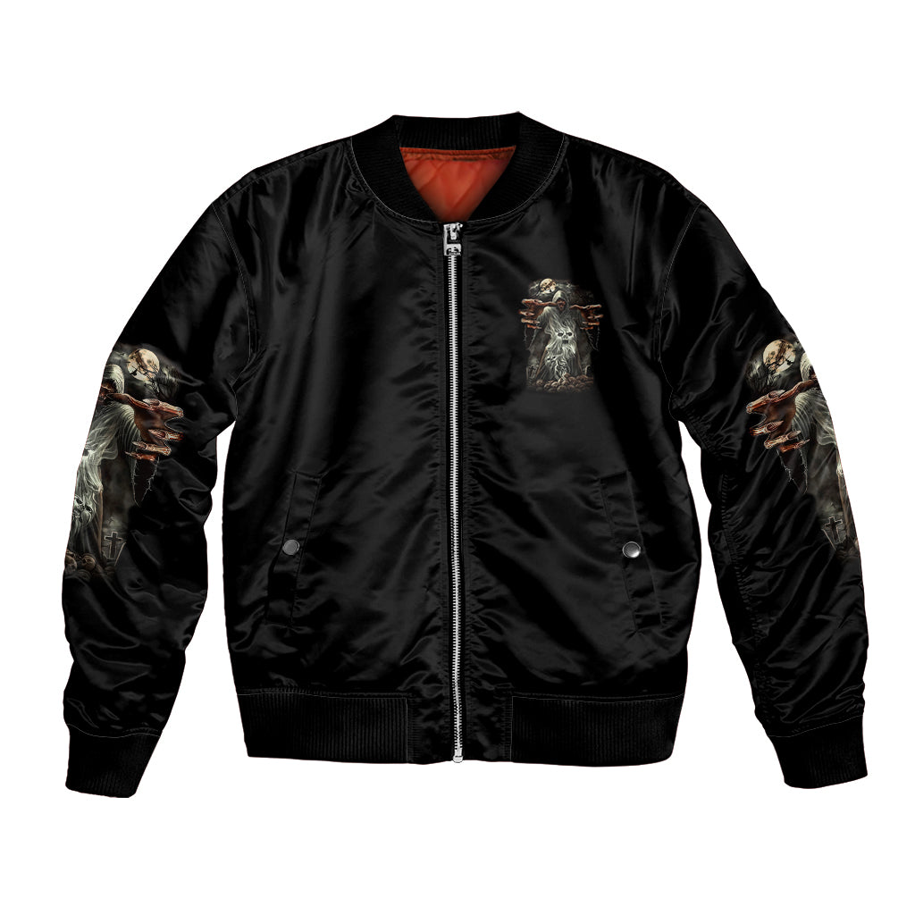 Black bomber jacket front with central zipper and sleeve skull hands graphic, ribbed hem