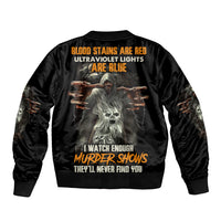 Black bomber jacket with full back skull graphic and text, ribbed collar and cuffs