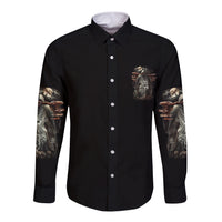 Long-sleeve button shirt, black, front chest graphic and sleeve skull artwork