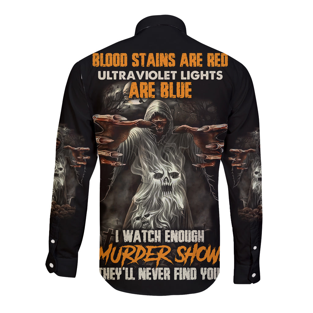 Long-sleeve button shirt, black, full-back graphic with skull and horror text