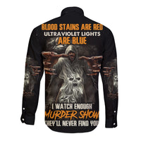 Long-sleeve button shirt, black, full-back graphic with skull and horror text
