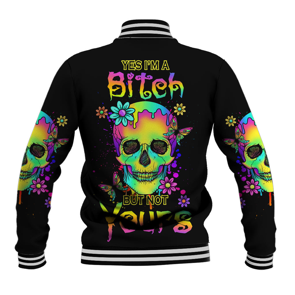 Black baseball jacket with multicolor skull graphic on back and striped ribbed collar cuffs