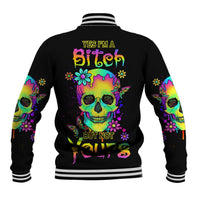 Black baseball jacket with multicolor skull graphic on back and striped ribbed collar cuffs