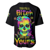 Black baseball jersey with neon skull graphic and colorful text on the back, button front