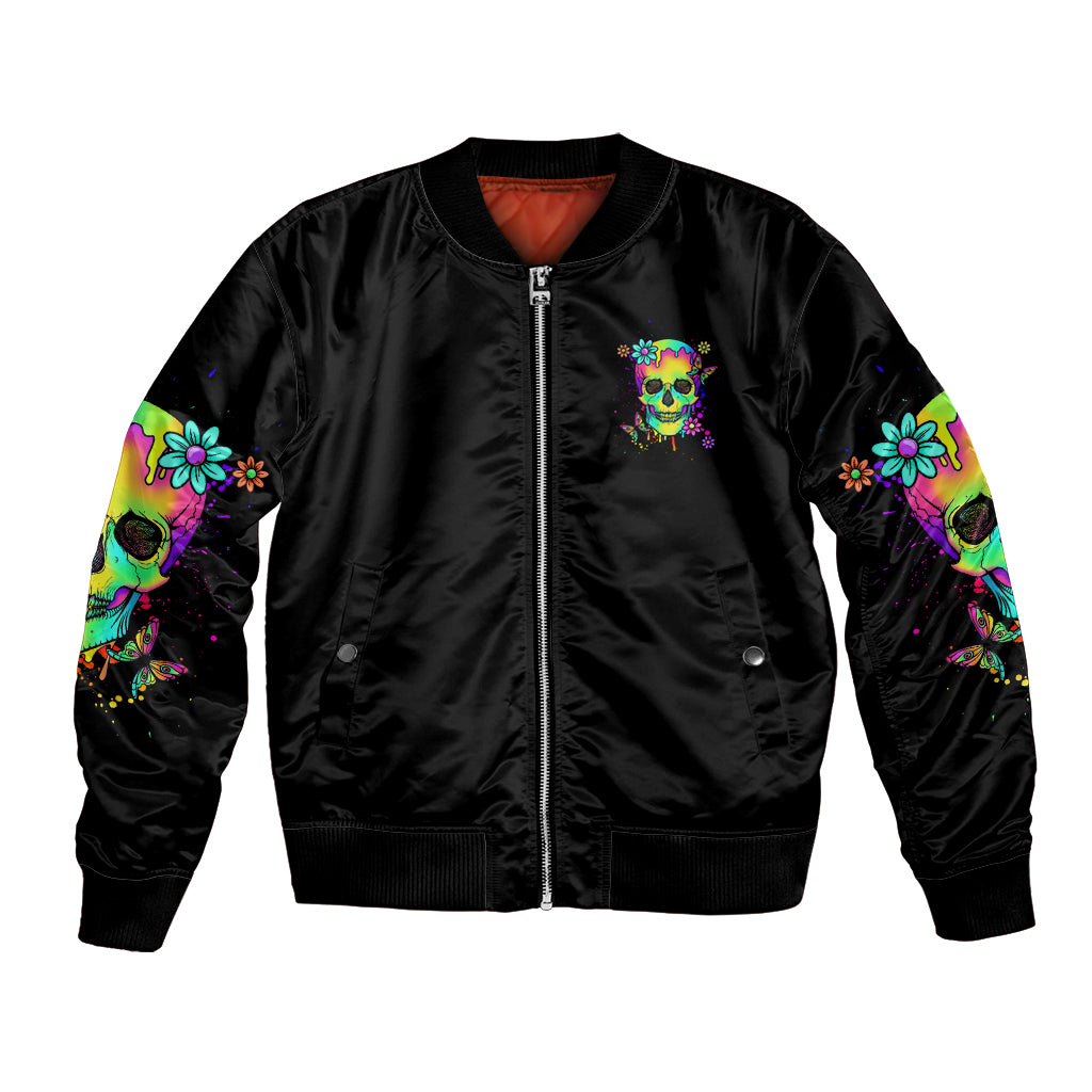 Black bomber jacket with front zip and neon skull graphic, colorful floral sleeve patches