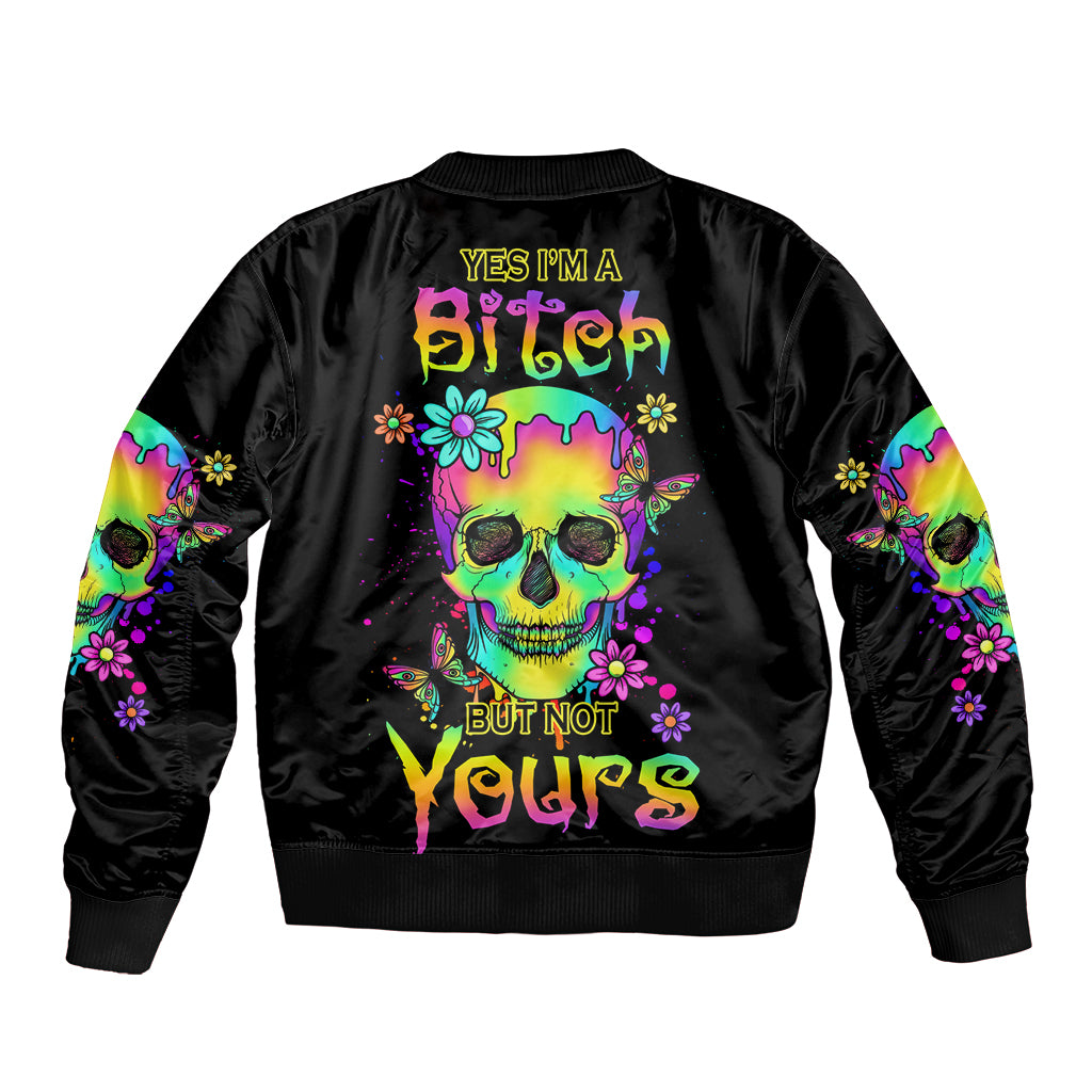 Black bomber jacket with neon skull graphic on back and colorful sleeve art
