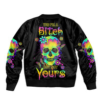 Black bomber jacket with neon skull graphic on back and colorful sleeve art