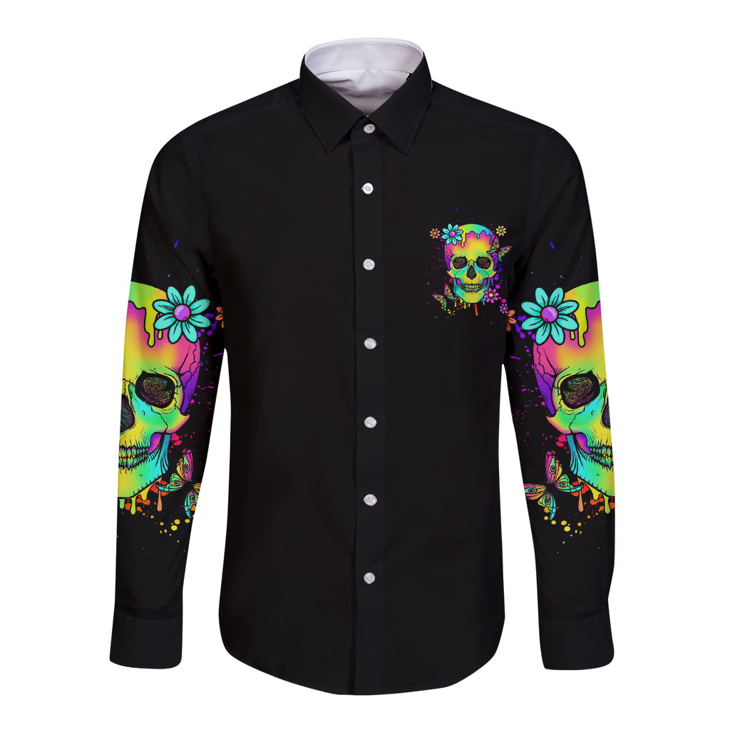 Long sleeve button shirt with colorful front skull graphic and floral sleeve prints