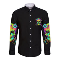 Long sleeve button shirt with colorful front skull graphic and floral sleeve prints