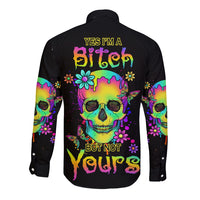 Long sleeve button shirt with colorful back skull graphic and floral accents
