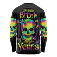 Unisex long sleeve shirt, black with colorful skull and graffiti text graphic (back)