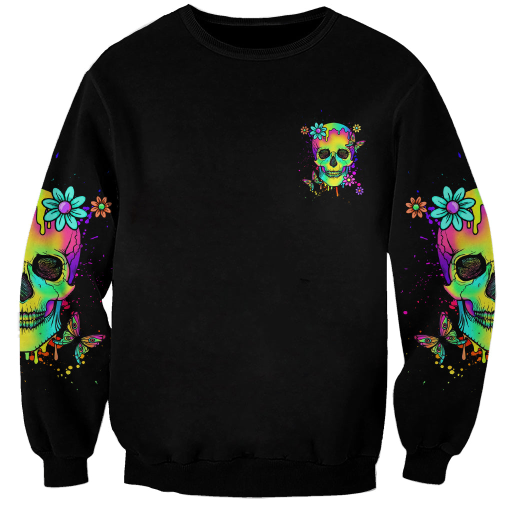 Unisex black sweatshirt with small chest skull print and colorful skull sleeves