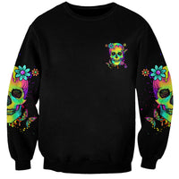 Unisex black sweatshirt with small chest skull print and colorful skull sleeves