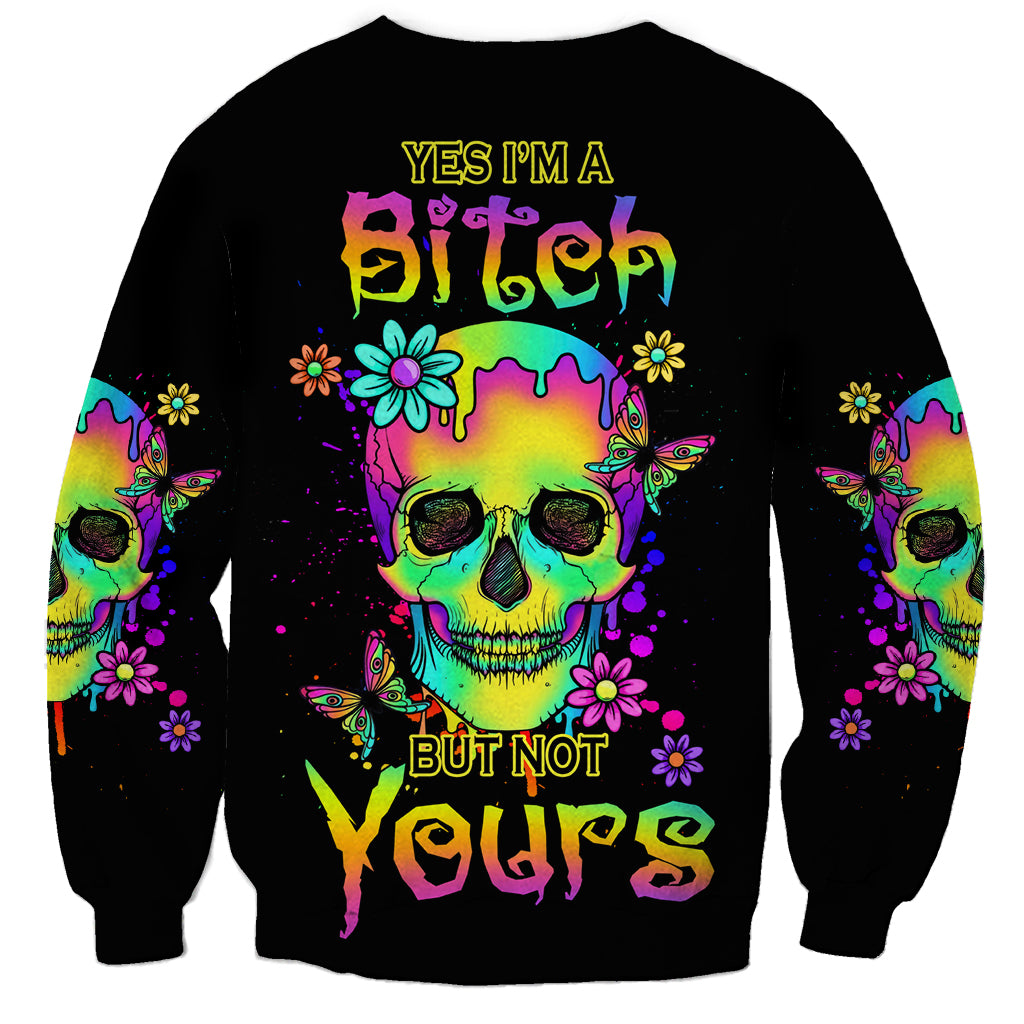 Unisex black sweatshirt with neon skull graphic and colorful text front
