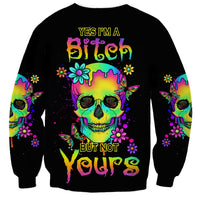 Unisex black sweatshirt with neon skull graphic and colorful text front