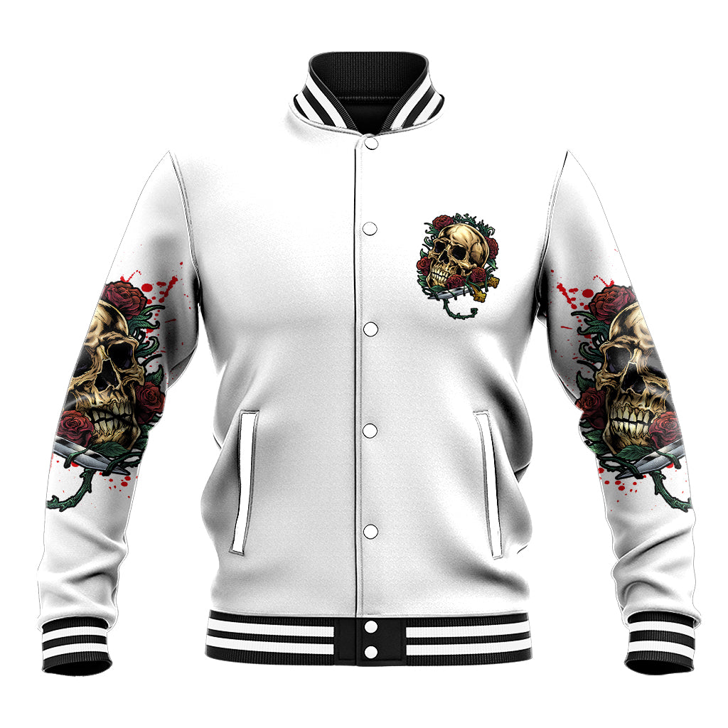 Unisex baseball jacket in white with button front, hood-like collar, skull badge graphic.