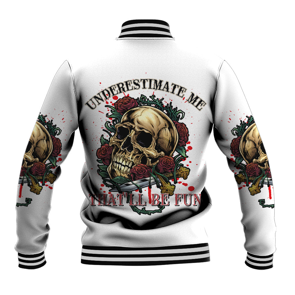 Unisex baseball jacket in white with skull-and-rose graphic and striped ribbed trim.
