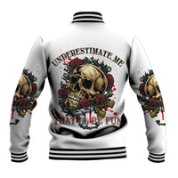 Unisex baseball jacket in white with skull-and-rose graphic and striped ribbed trim.
