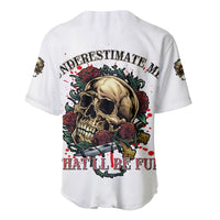 White baseball jersey with back skull, roses, and distressed lettering graphic