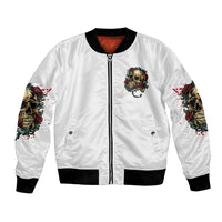 White bomber jacket with full zipper, skull patch, and ribbed cuffs with multicolor sleeve print