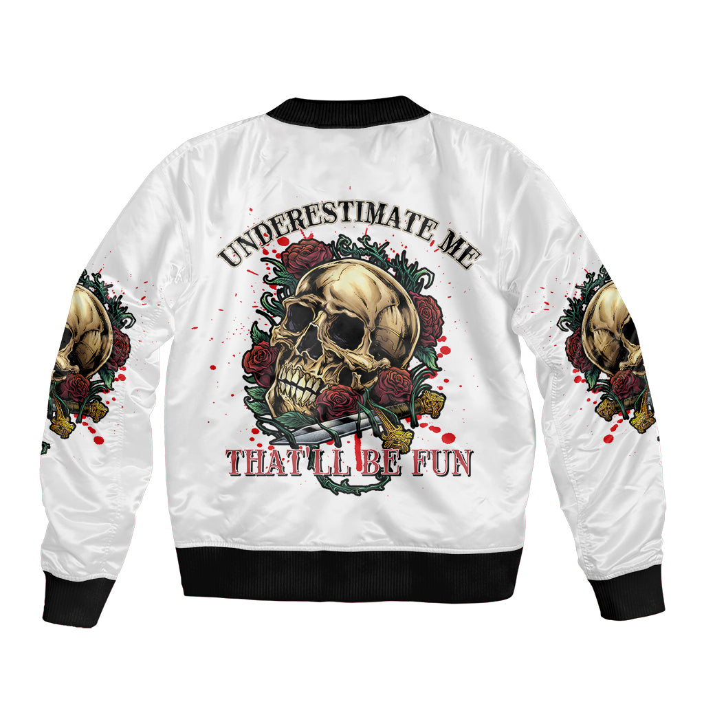 White bomber jacket with ribbed collar, skull-rose back print and floral sleeve graphics