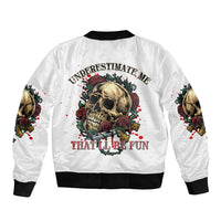 White bomber jacket with ribbed collar, skull-rose back print and floral sleeve graphics