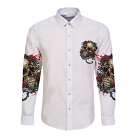 White long-sleeve button shirt with chest skull crest and full sleeve tattoo-style print