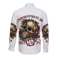 White long-sleeve button shirt with skull graphic on back, rose and paint-splatter print