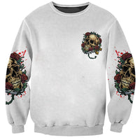 Gray crewneck sweatshirt with small skull-and-rose chest graphic, long sleeves
