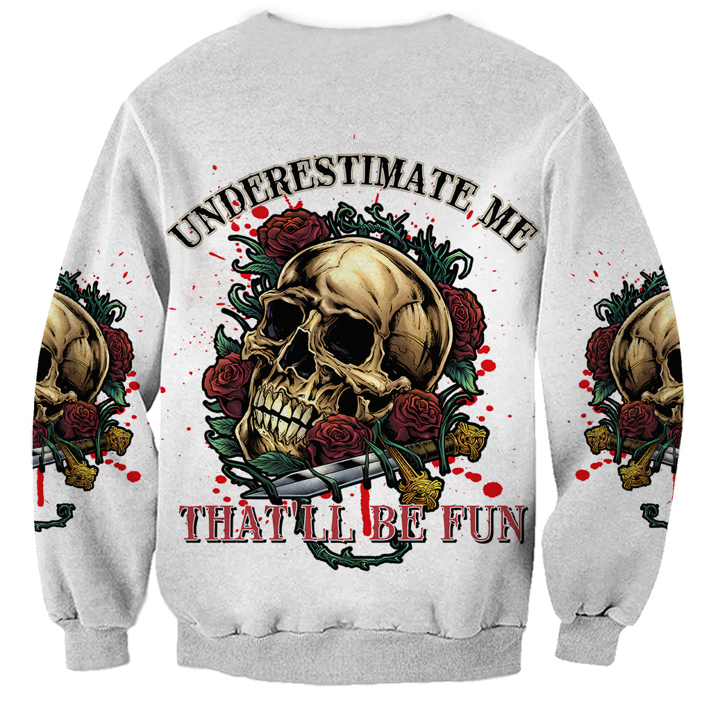 Gray crewneck sweatshirt with colorful skull-and-rose graphic, long sleeves