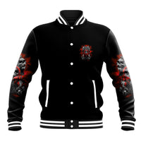 Black varsity baseball jacket with striped cuffs and chest skull patch