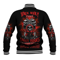 Black baseball jacket with striped ribbed collar and large skull graphic on back
