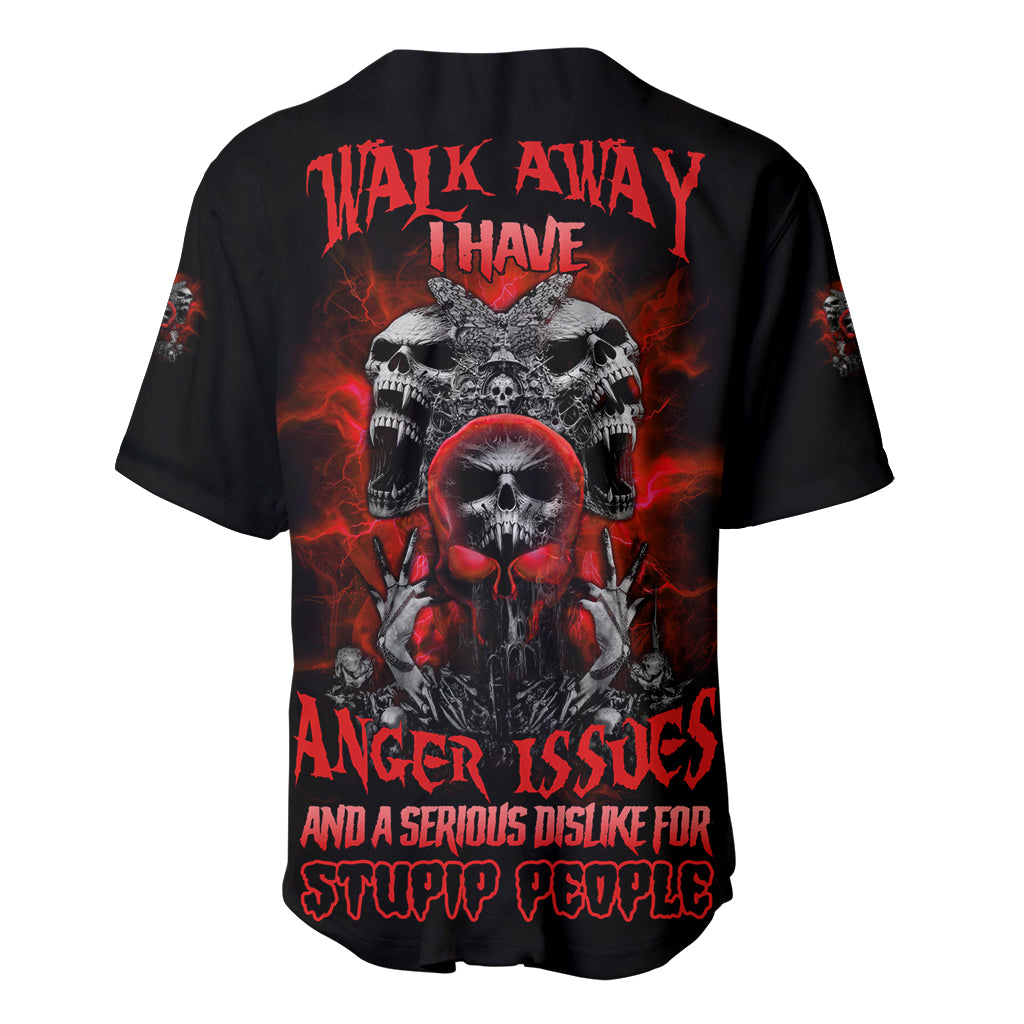 Black baseball jersey with large skull graphic and red back text