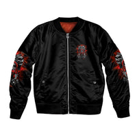 Black bomber jacket with front zipper and red skull patch, ribbed hem and cuffs