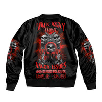 Black bomber jacket with red skull graphic on back and ribbed cuffs