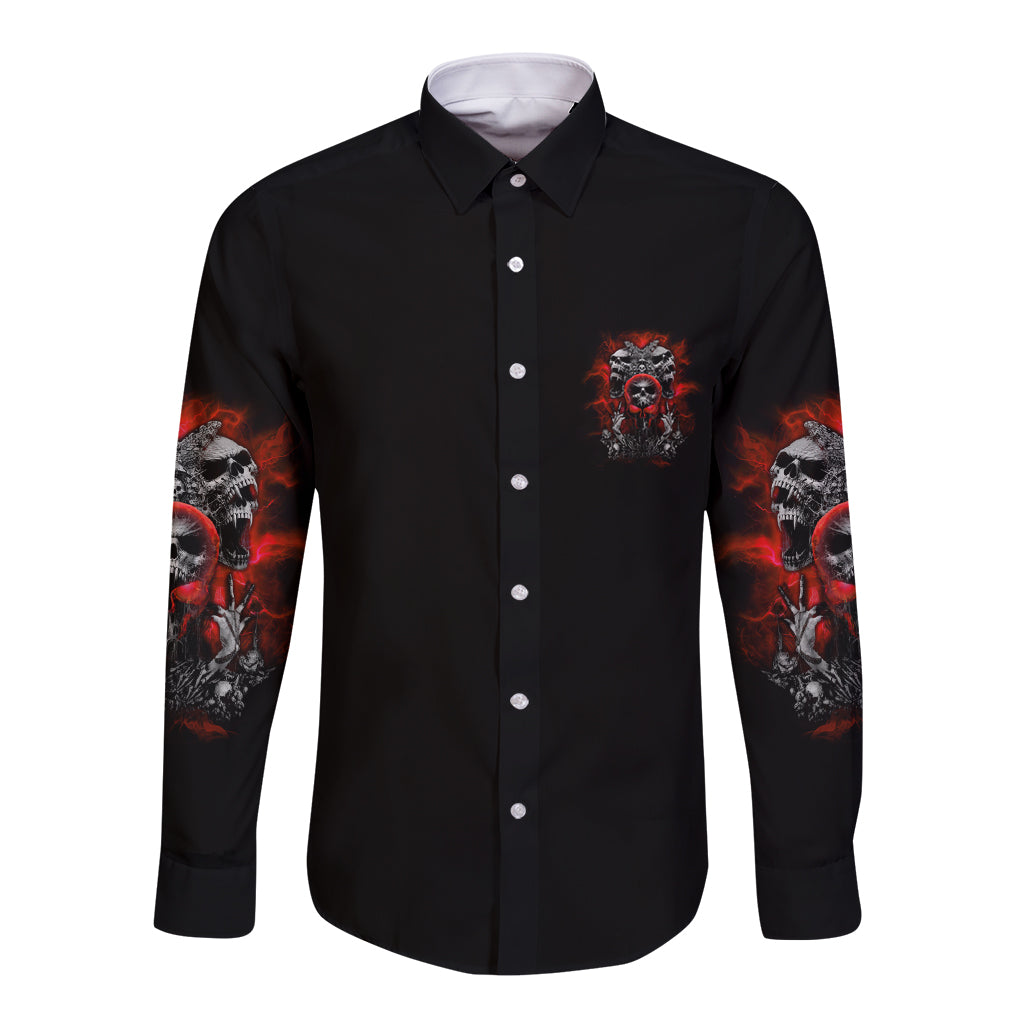 Black long-sleeve button shirt with red skull chest graphic and sleeve prints