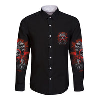 Black long-sleeve button shirt with red skull chest graphic and sleeve prints