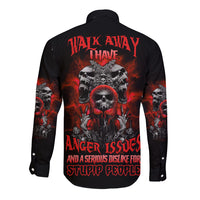 Black long-sleeve button shirt with red skull graphic and text on back