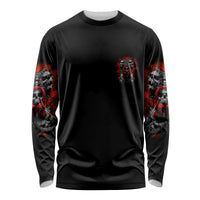 Black long-sleeve skull graphic shirt with red hooded skull on chest and sleeves