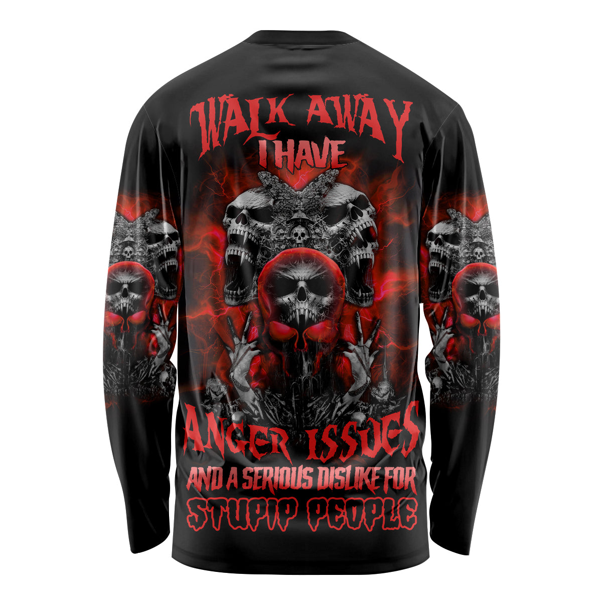 Black long-sleeve skull graphic shirt with red text and multiple skulls, back view