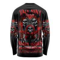 Black long-sleeve skull graphic shirt with red text and multiple skulls, back view