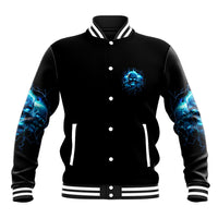 Black baseball jacket with blue skull lightning logo, snap front, striped ribbed collar