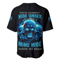 Black baseball jersey with blue skull graphic and full back print, buttoned