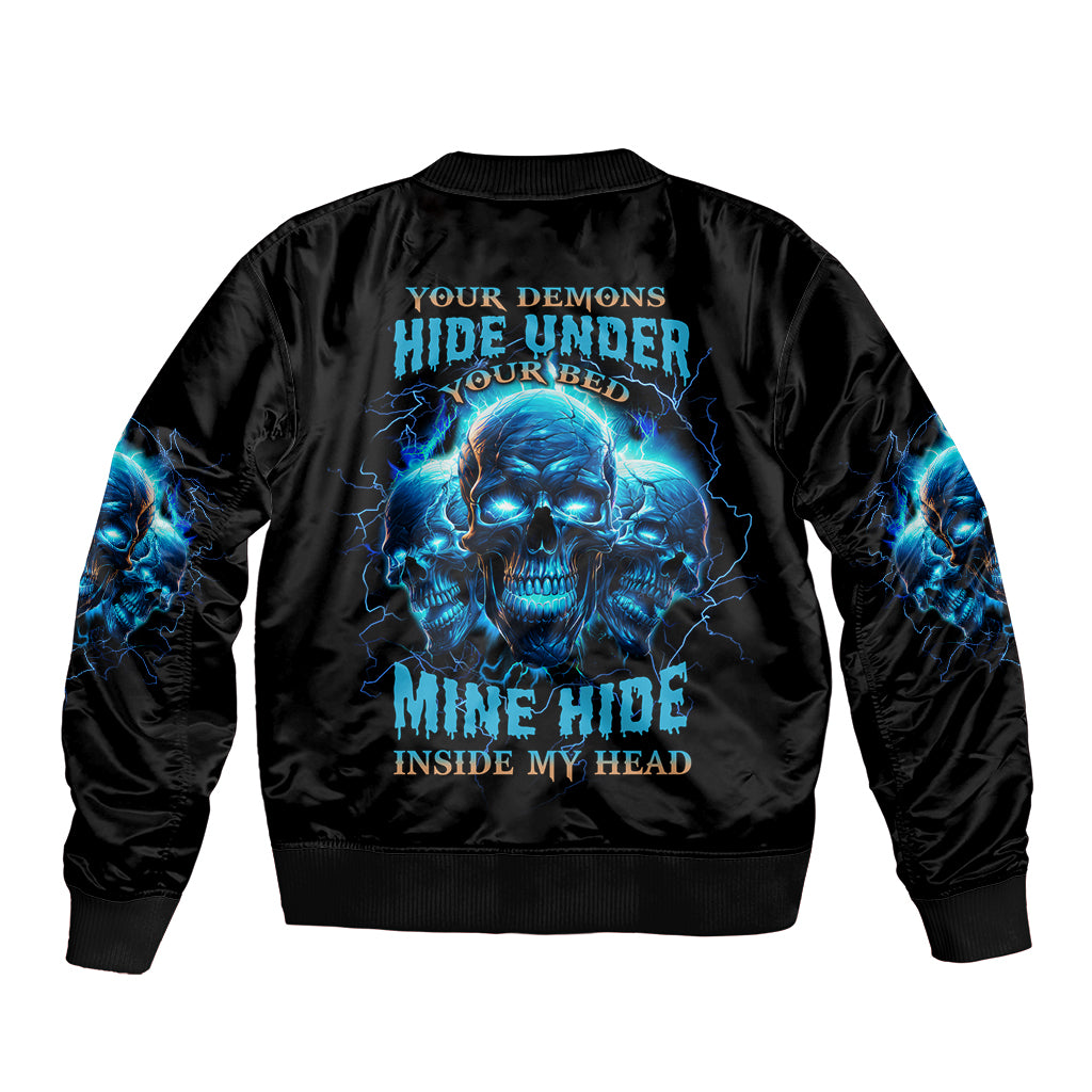 Black unisex bomber jacket with blue neon skull graphic on back, ribbed cuffs and hem