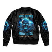 Black unisex bomber jacket with blue neon skull graphic on back, ribbed cuffs and hem